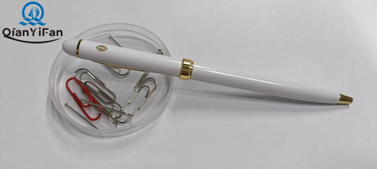 Custom Logo 1.0mm Ballpoint Pen with Steel Barrel, Plastic Top, White Glossy Finish for Hotel, Resort, SPA, and Airline Use