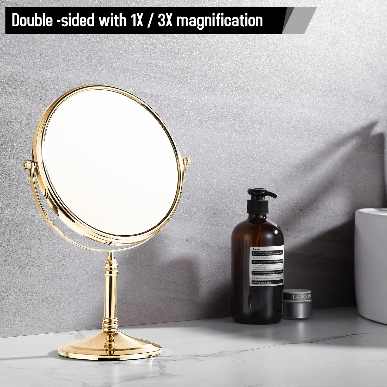 8 Inch Gold Finish Two-Sided Swivel Stand Magnifying Bathroom Makeup Mirror