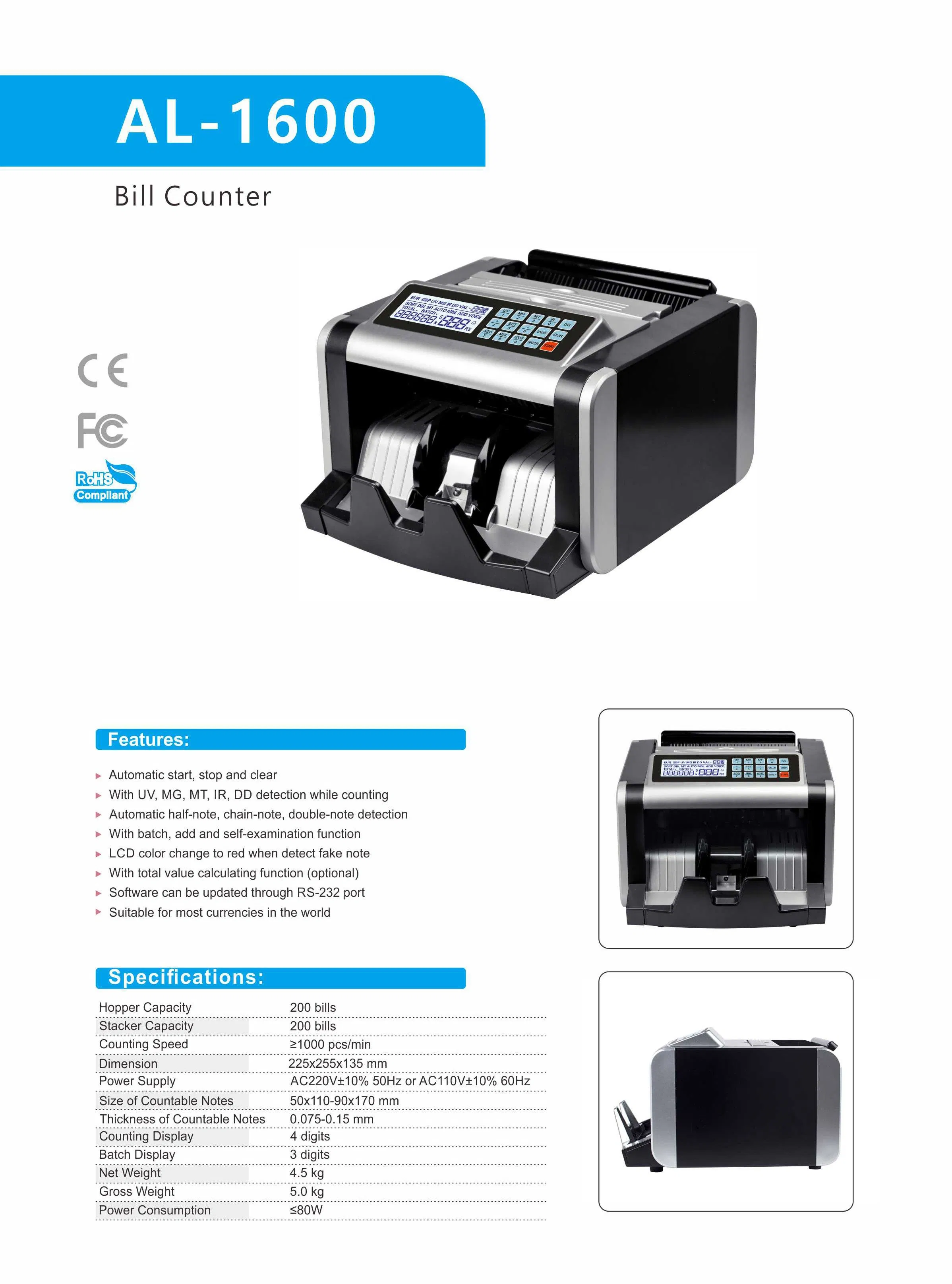 Al-1600 Auto Bill Bank Notes Counter Money Currency Counting Machine for Business