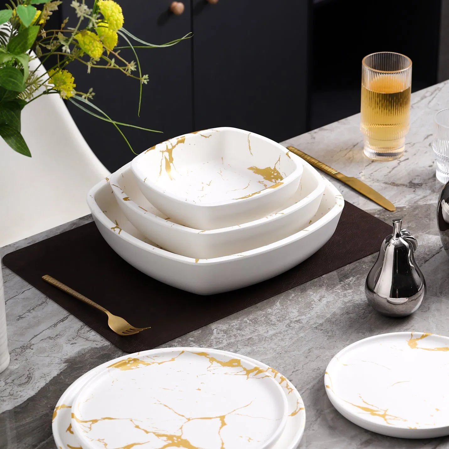 Best Home Melamineware Luxury Golden Design Rectangular Bowls Kitchen Mixing Bowl Food Serving Bowl Custom Shape Home Tableware Fruit Bowl