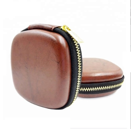 Brown PU Leather Square Waterproof Anti-Shock for Earphone EVA Storage Case with Gold Zipper