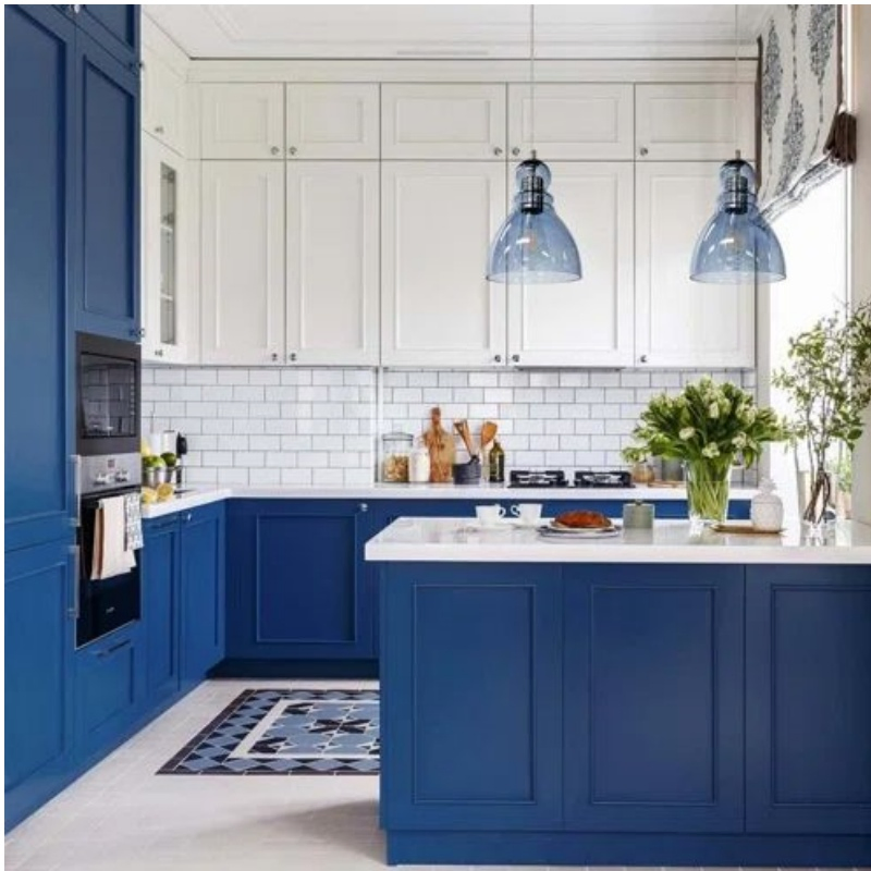 American Farmhouse Style Modular Kitchen Cabinets Solid Wood Under-Mount Soft Close Drawer Slide Soft Opening Mechanism