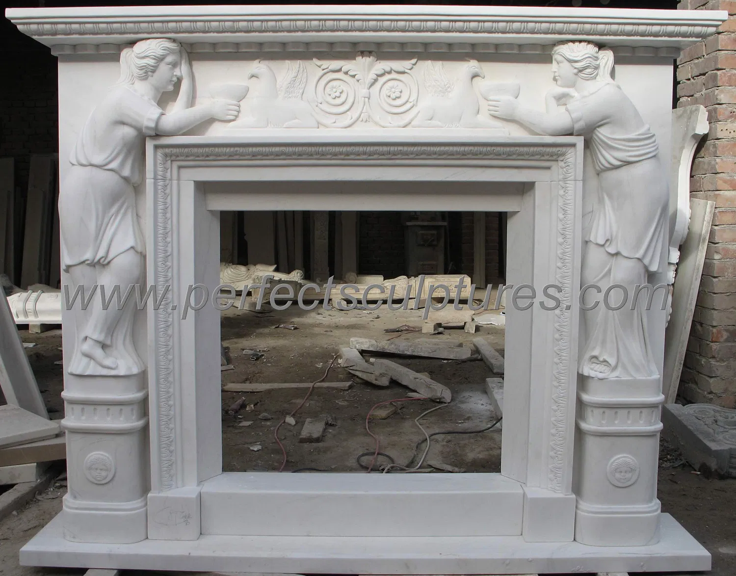 China Pure White Marble Fireplace Surround with Figure Statue (QY-LS420)