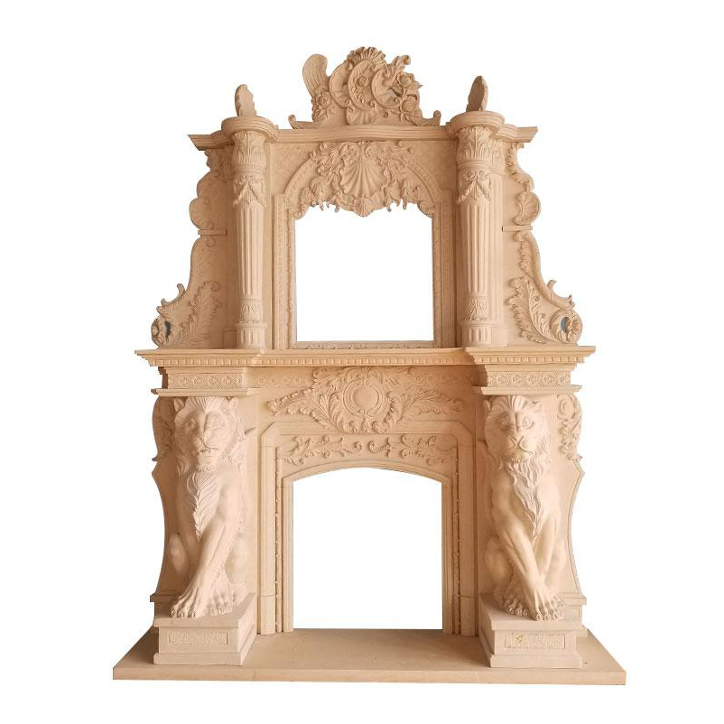 Double-Layered Beige Marble Fireplace with Lion Relief Decoration