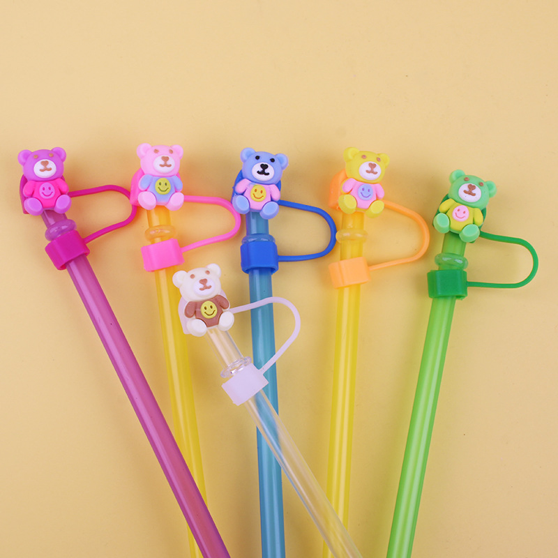 Wholesale Custom PVC Bear Dustproof Plastic Straw Cover Gifts Cartoon Design Straw Topper