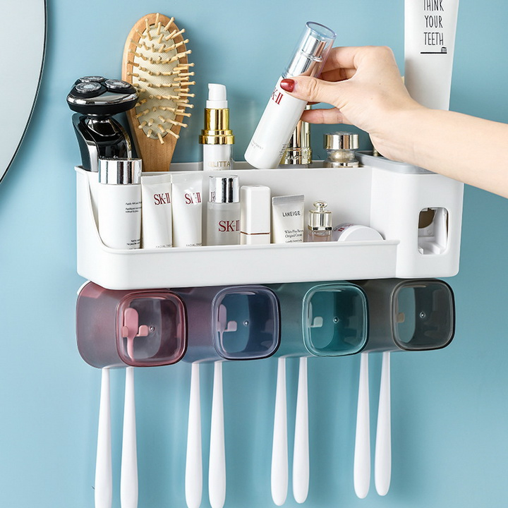 Bathroom Perforation-Free Hanging Tooth Cup Toothbrush Holder with Toothpaste Squeezer
