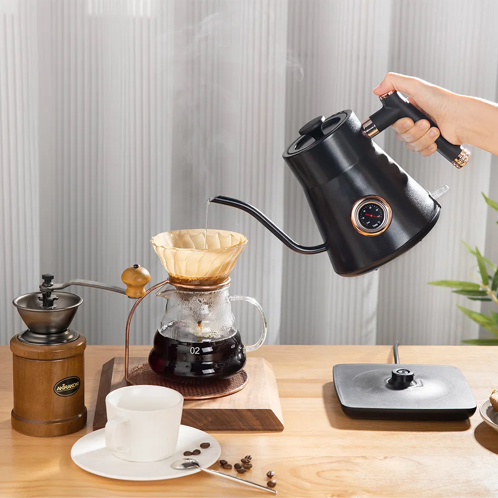 Black Matte Elegant Electric Pour Over Tea Coffee Kettle 0.8L Gooseneck Kettle with Temperature Gauge