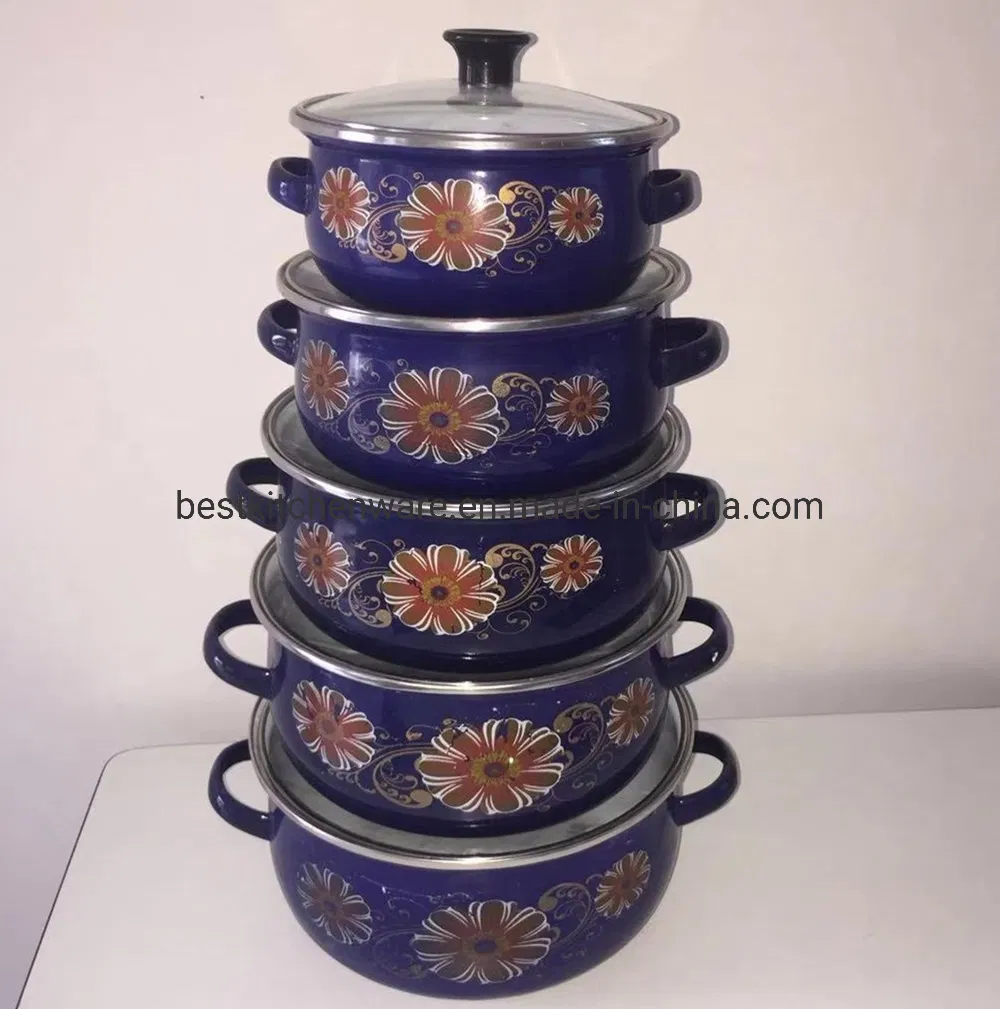 3PCS Dark Decals Two Handle Flower Carbon Steel Enamel Pot