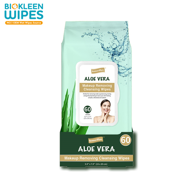 Biokleen OEM Free Sample 60CT 15X20cm Aloe Vera Makeup Removing Cleansing Face Wipes Makeup Remover Facial Cleansing Cloth Wipes