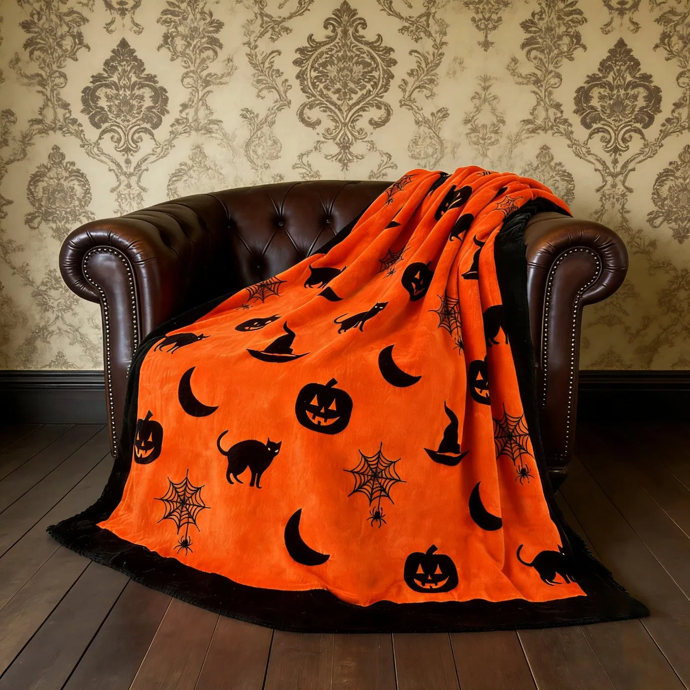 Orange Halloween-Themed Plush Decorative Ultra-Soft Warm Sofa Blanket