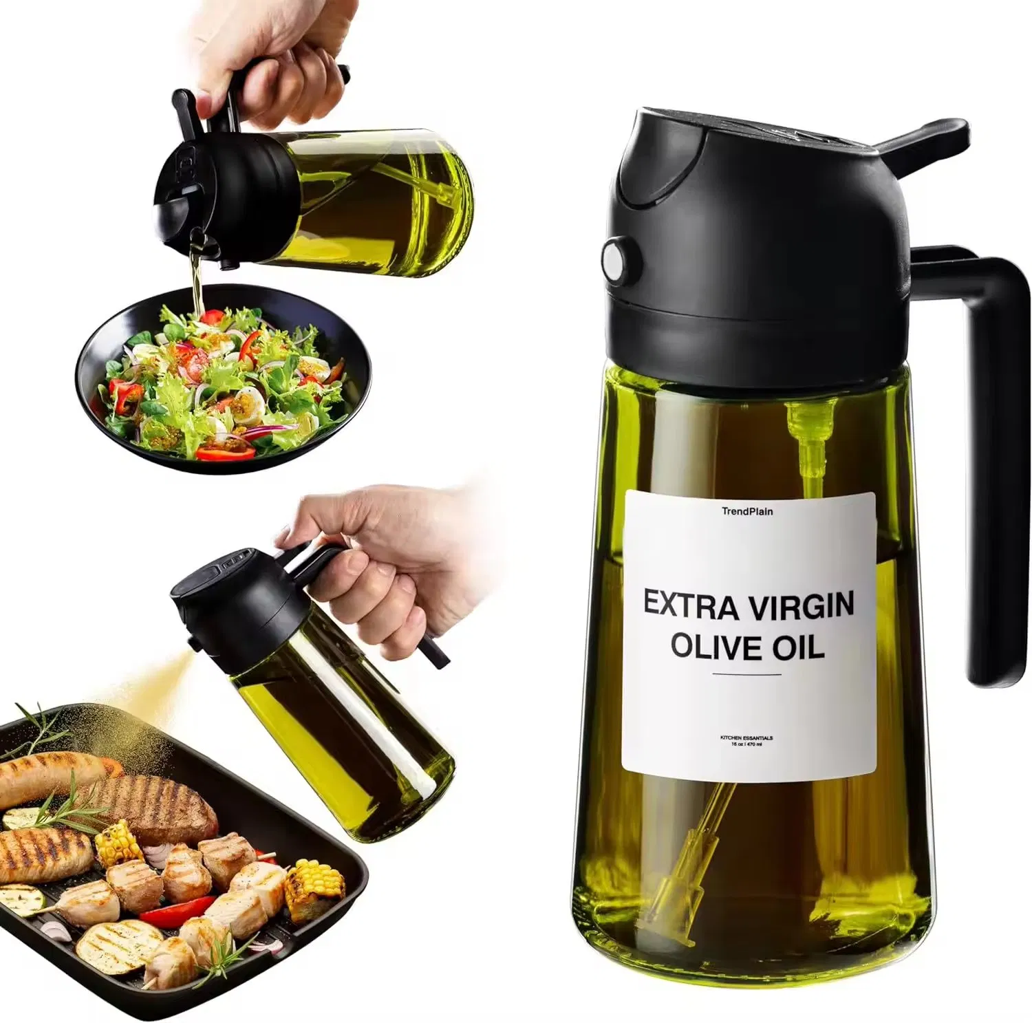 Custom Logo Dark Green 16oz Oil Dispenser Pourer Bottle 2 in 1 Kitchen Cooking Olive Oil Sprayer for Air Fryer Salad Barbecue Oil Sprayer Tool