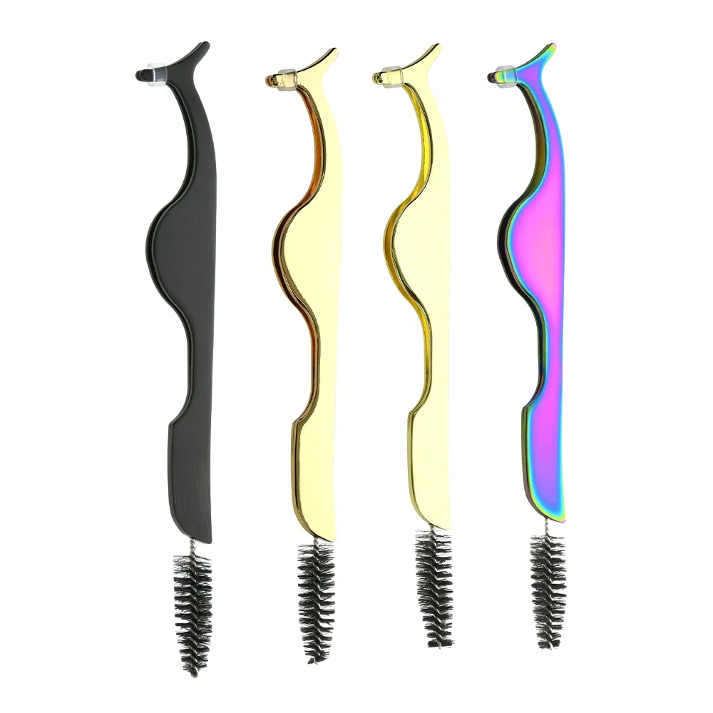 Slanted False Lash Eyebrow Tweezers Stainless Steel Rounded Lashes Eyelash Extension Pliers with Brush
