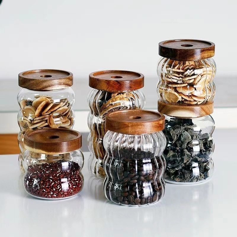 350ml 550ml 750ml Popular Glass Storage Sealed Jar Heat Resistant Wood Lid for Coffee Bean Snack