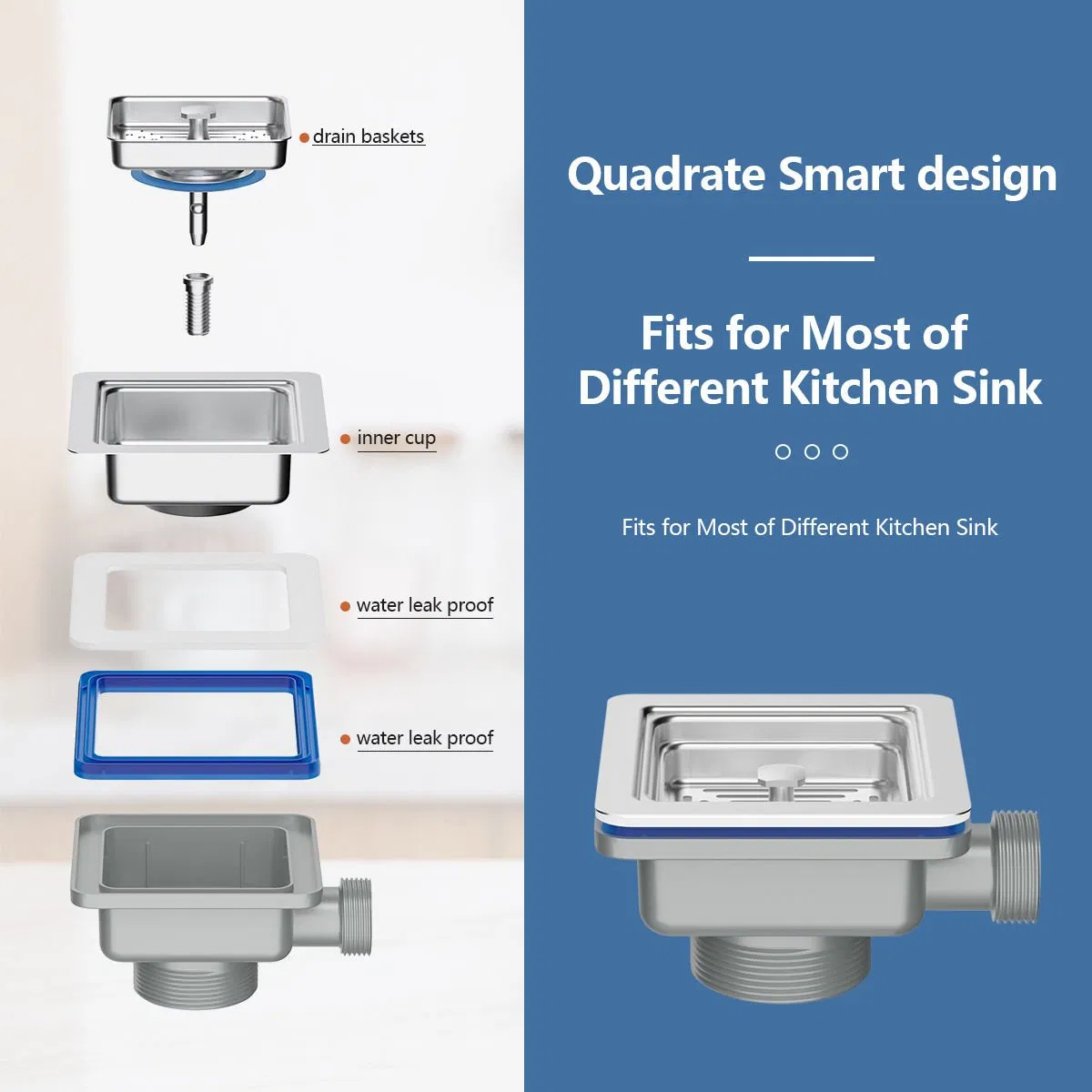 High-Quality Stainless Steel Square Cup Kitchen Sink Drain with Flexible PP Pipe