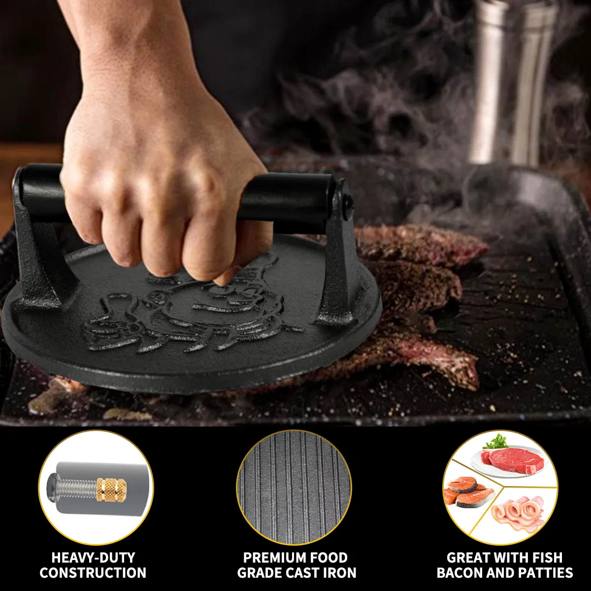 Cast Iron Grill and Burger Press - Round Meat Press for Cooking