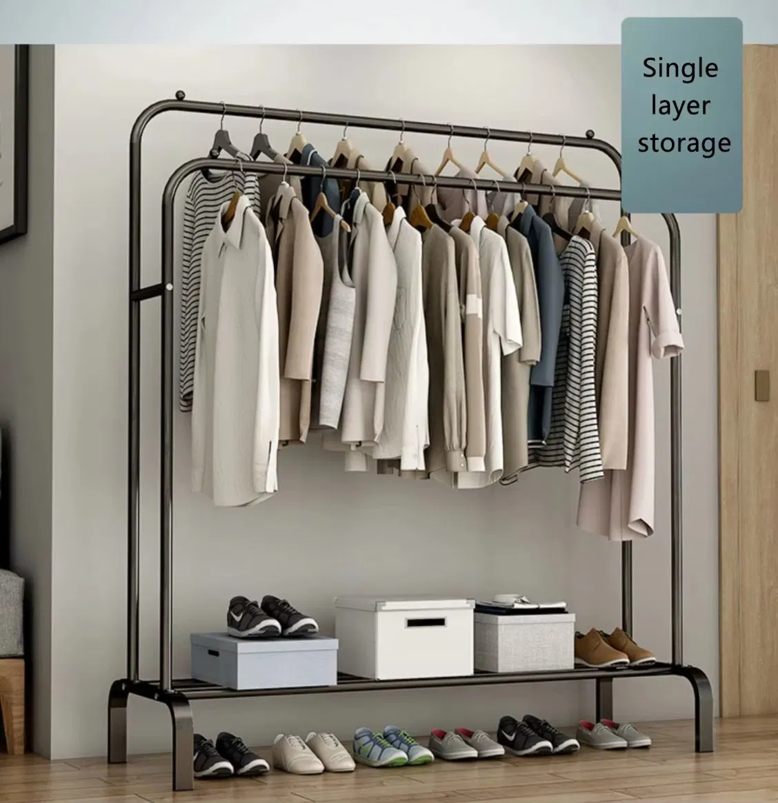 Double Row Double Pole Rack Floor Standing Clothes Hanger Metal with Wheel