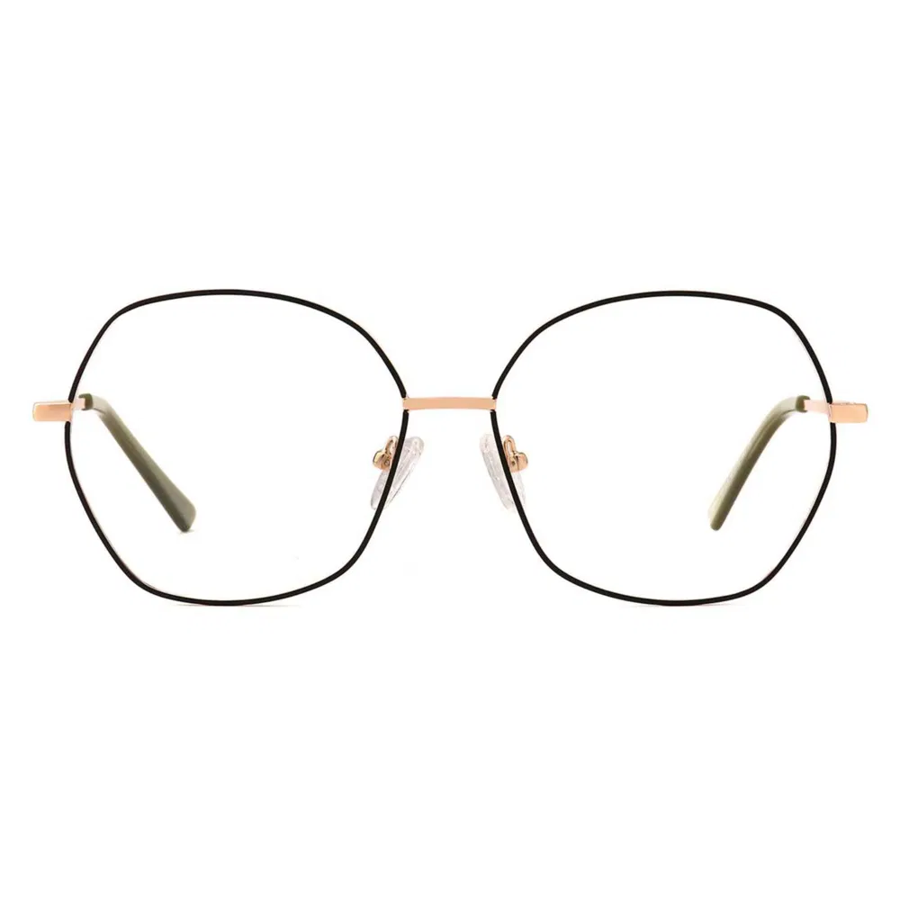 Bom-1110 Stylish Eyewear: Rose Gold Hinges, Black Temples, Clear Lenses