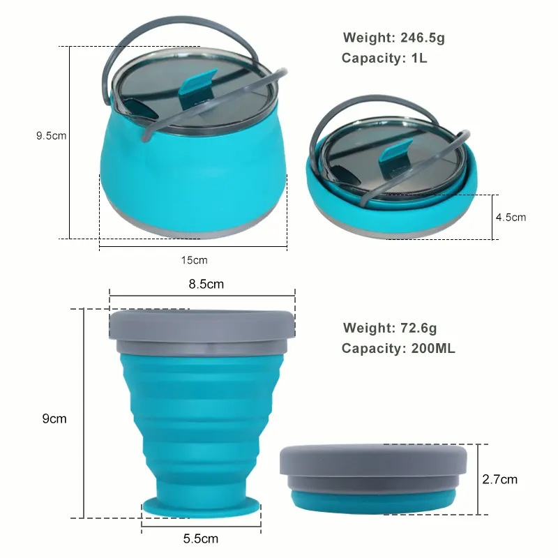 Threee Plece Set Portable Silicone Camping Collapsible Kettle Pot Bowl Cups Cook Set with Custom Logo