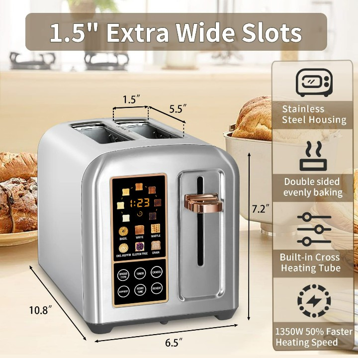 Hot Sale LCD Display Touch Buttons 2 Slice Stainless Steel Bread Toaster