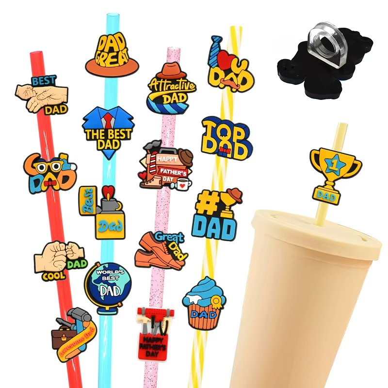 2025 New Products Charm PVC Straw Cover Dad Series Promotional Straw Topper for Beer Drinking Accessories