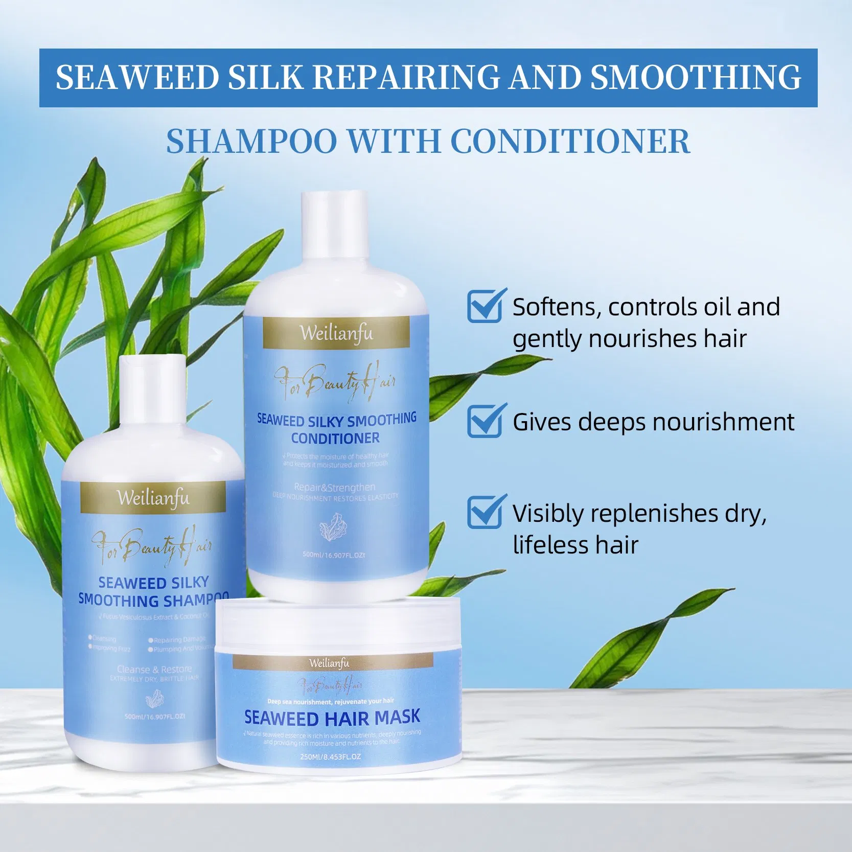 Organic Seaweed Hair Care Kit Biodegradable Shampoo & Silky Smooth Conditioner for All Hair Types