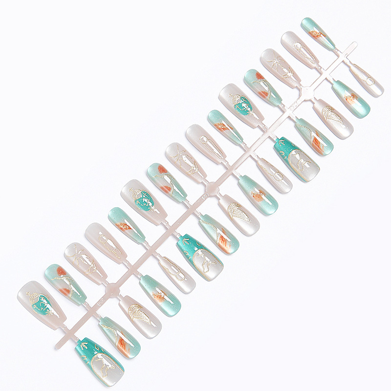 30PCS Libra Themed False Nails Long Coffin Shape Turquoise Gold ABS