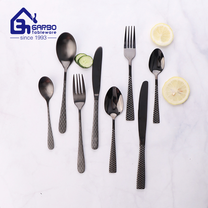 Handmade Electronic-Plating Matt Black Stainless Steel Cutlery Set Metal Flatware Set with Decorative Laser Handle Silverware Set Dessert Spoon Knife Fork