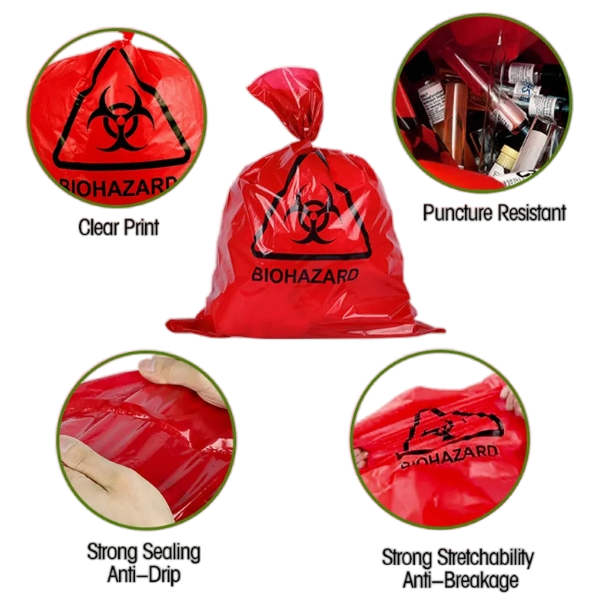Medical Grade No Leak Stick on Biohazard Stick-on Infectious Red Waste Bag