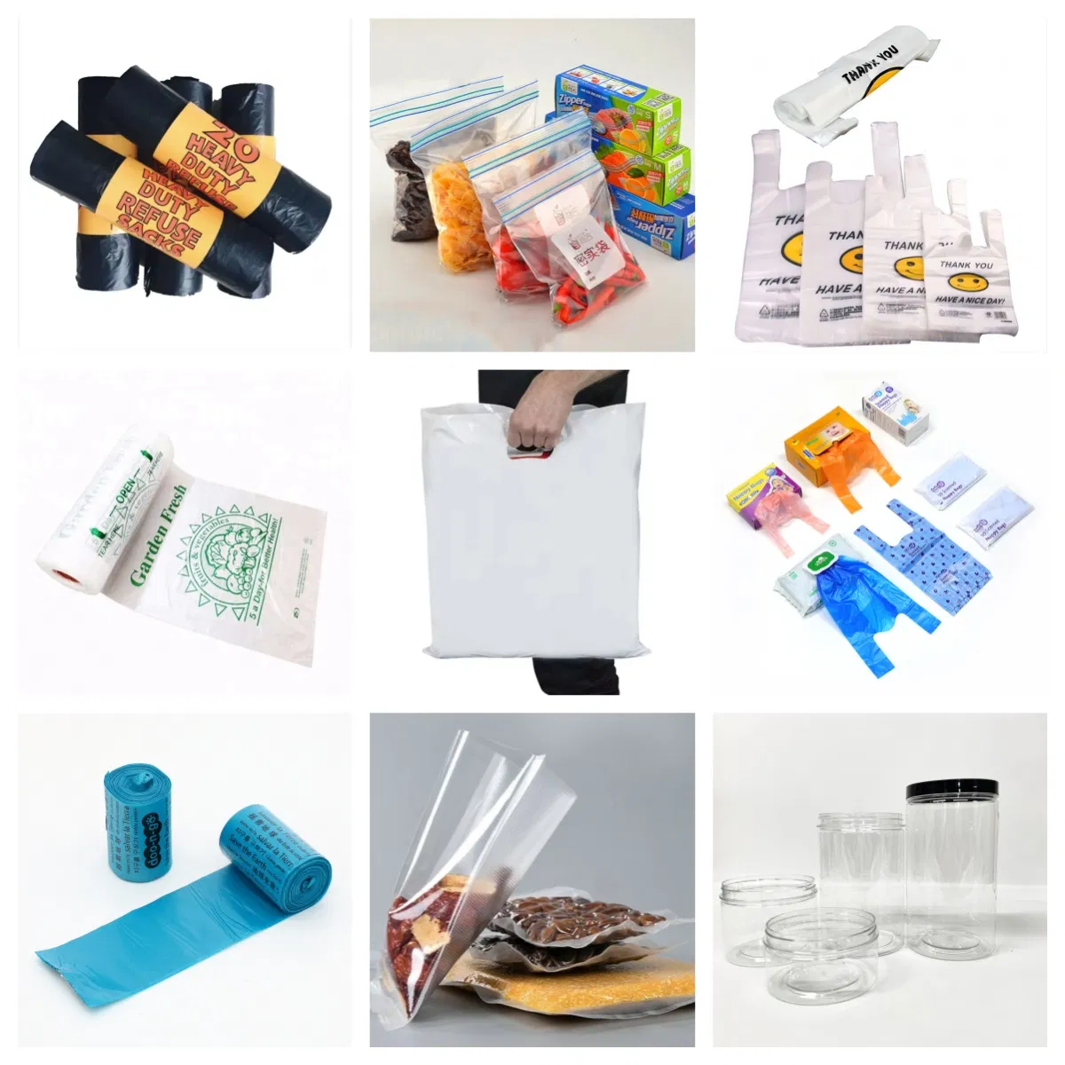 Environmentally Friendly HDPE LDPE Household Vest Bags Garbage Bags Ziplock Bags Flat Bags Shopping Bags Dog Poop Bags Nappy Bag Pet Jar Vacuum Bags