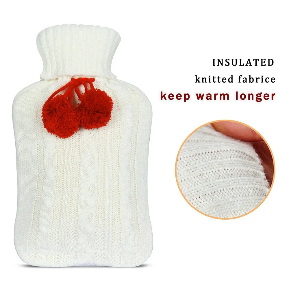 China Supplier Pure Color Customized Pompom Hot Water Bottle Knitted Cable Cover for Winter