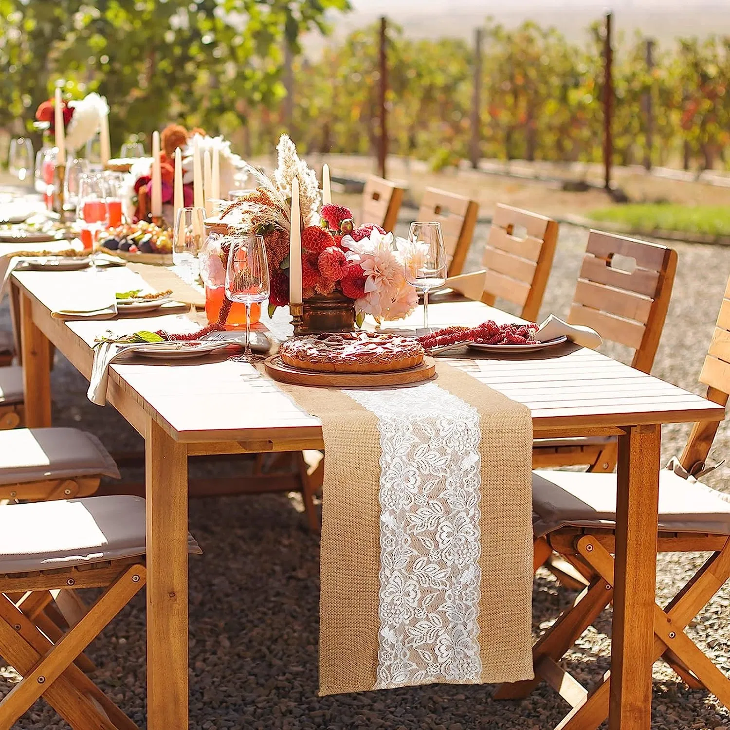 Burlap Table Runner with White Lace Hessian Table Cloth
