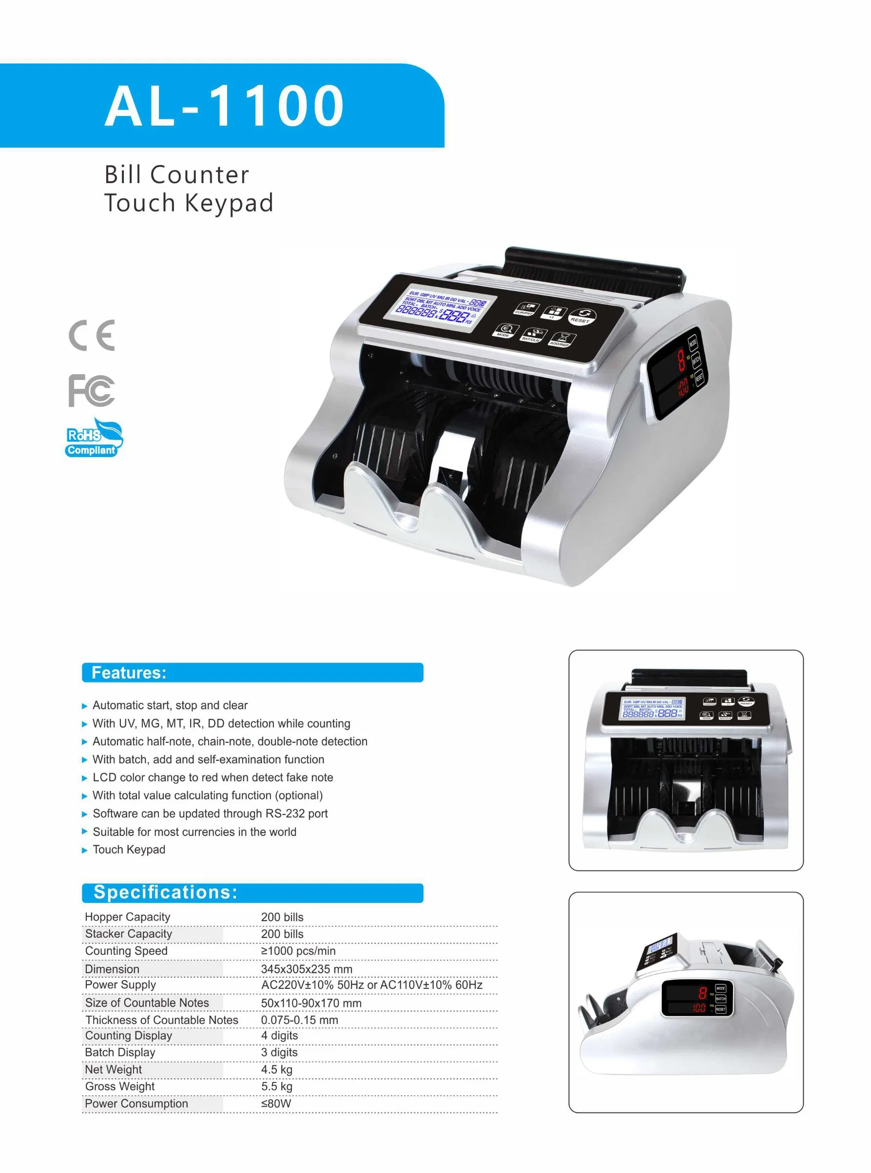 Al-1100 Touch Keypad Fake Currency Banknote Paper Money Detector Bill Counter