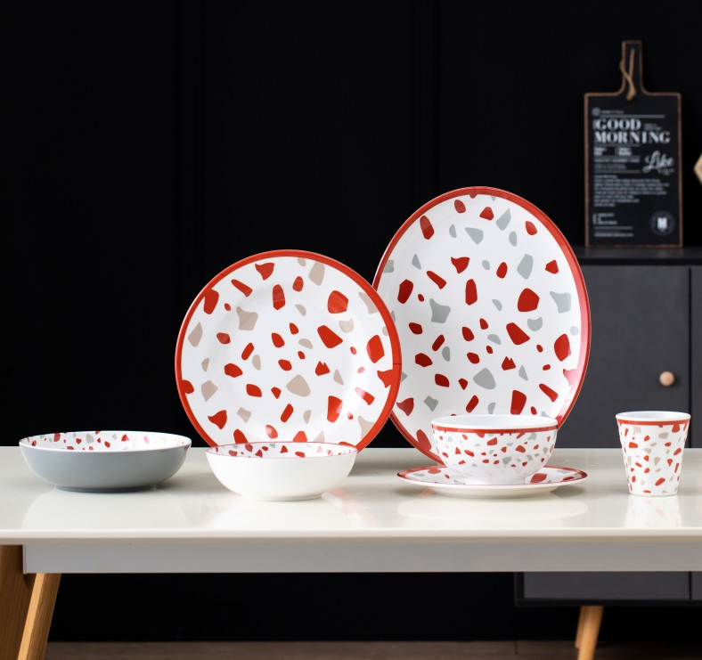 Melamine Plates Set Big Size Salad Plates, Colorful Tablewares, Gray Plate with Crackle