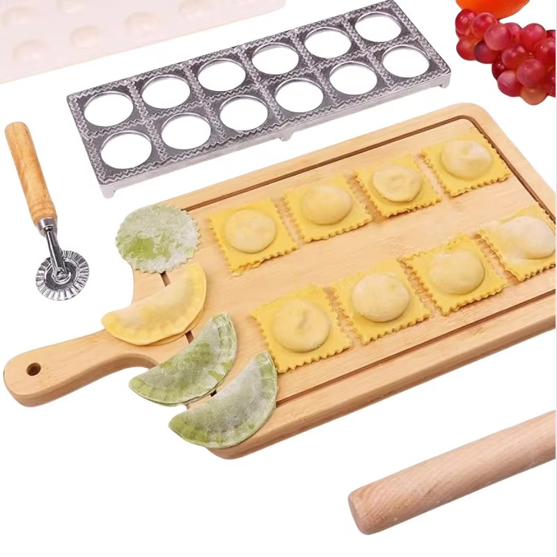 8-Piece Aluminum Alloy and Wood Dumpling Mould Set with 12-Hole Design Italian Pasta Tool