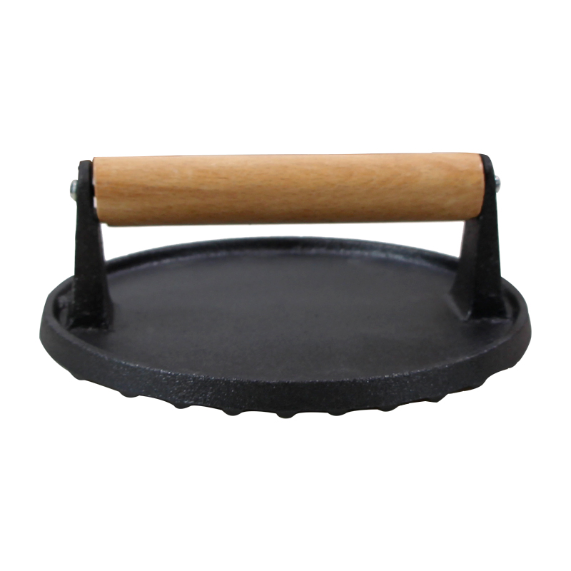 Diameter 17.5cm Heavy Duty Cast Iron Smash Grill Press Meat Steak with Wood Handle Cast Iron Burger Press