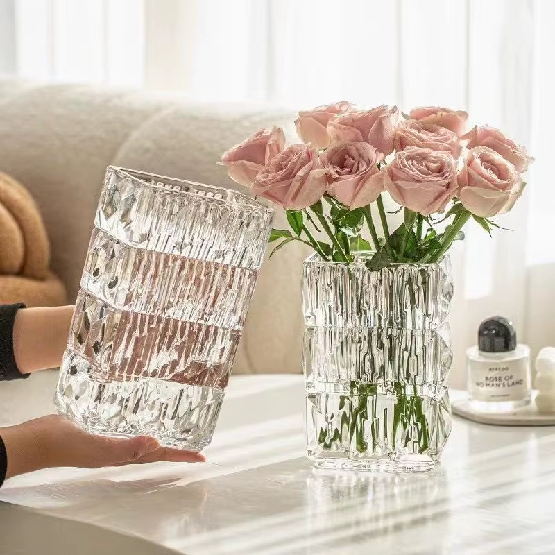 Clear Crystal Glass Vase Hydroponic Flower Pots Desk Decoration Artificial Flower Decorative Floral Arrangement Square Vases