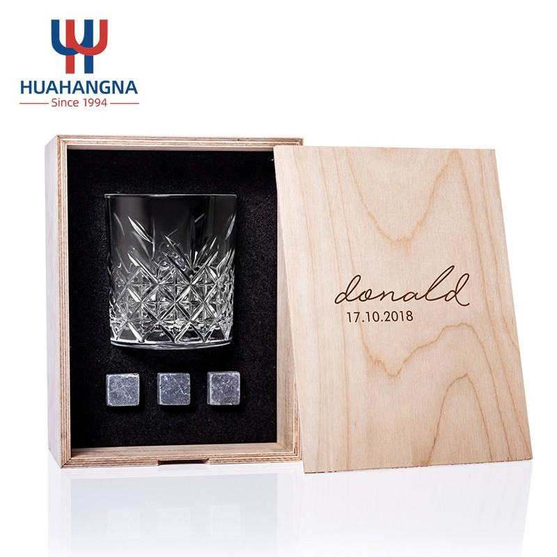 Huahangna 10oz Custom Etched Personalized Drinking Rock Shot Wine Crystal Glass Ware Whiskey Glass Set with Whisky Cooling Stones in Wood Box for Birthday Gift