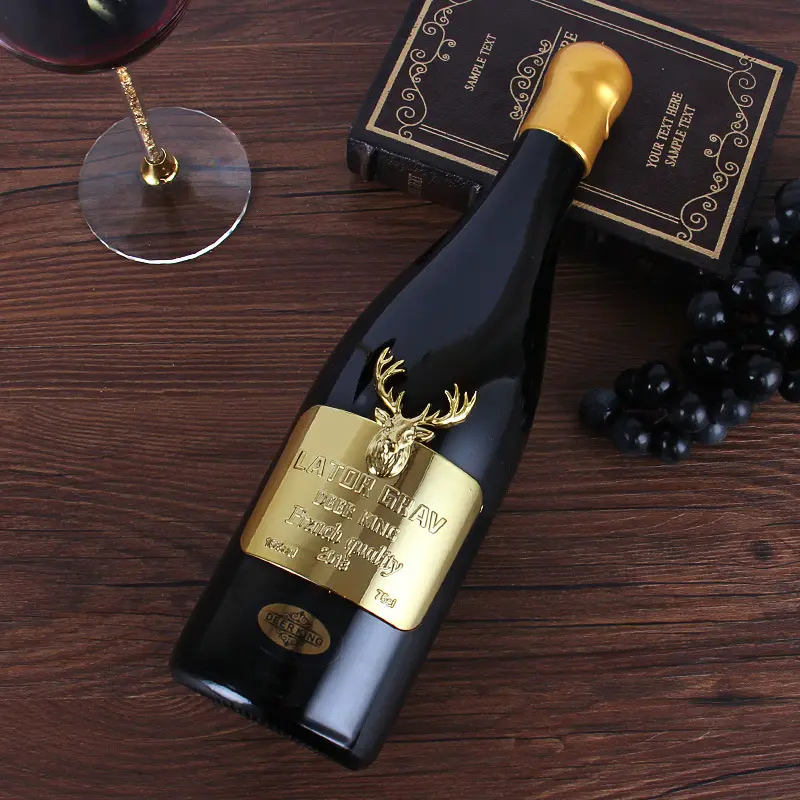 Custom Aluminum Bottle Metal Sticker Adhesive 3D Engraved Metallic Labels Gold Foil Embossed Sticker Champagne Wine Label