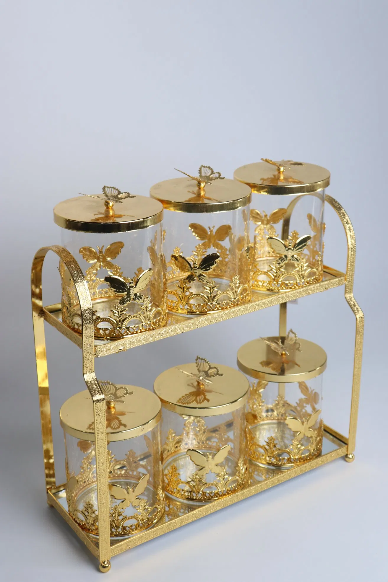 Home and Kitchen Supplies Gold-Plated Iron Frame with 6 Large Glass Jars Set