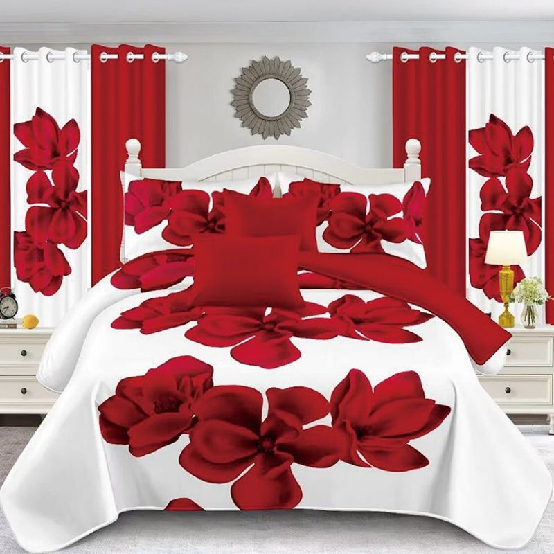 11piece Quilted Comforter Bedspread Quilt Printed Polyester Cotton Bed Linen Sabanas Hotel Home Textile Bed Sheets Red Luxury Bedding Set with Curtain