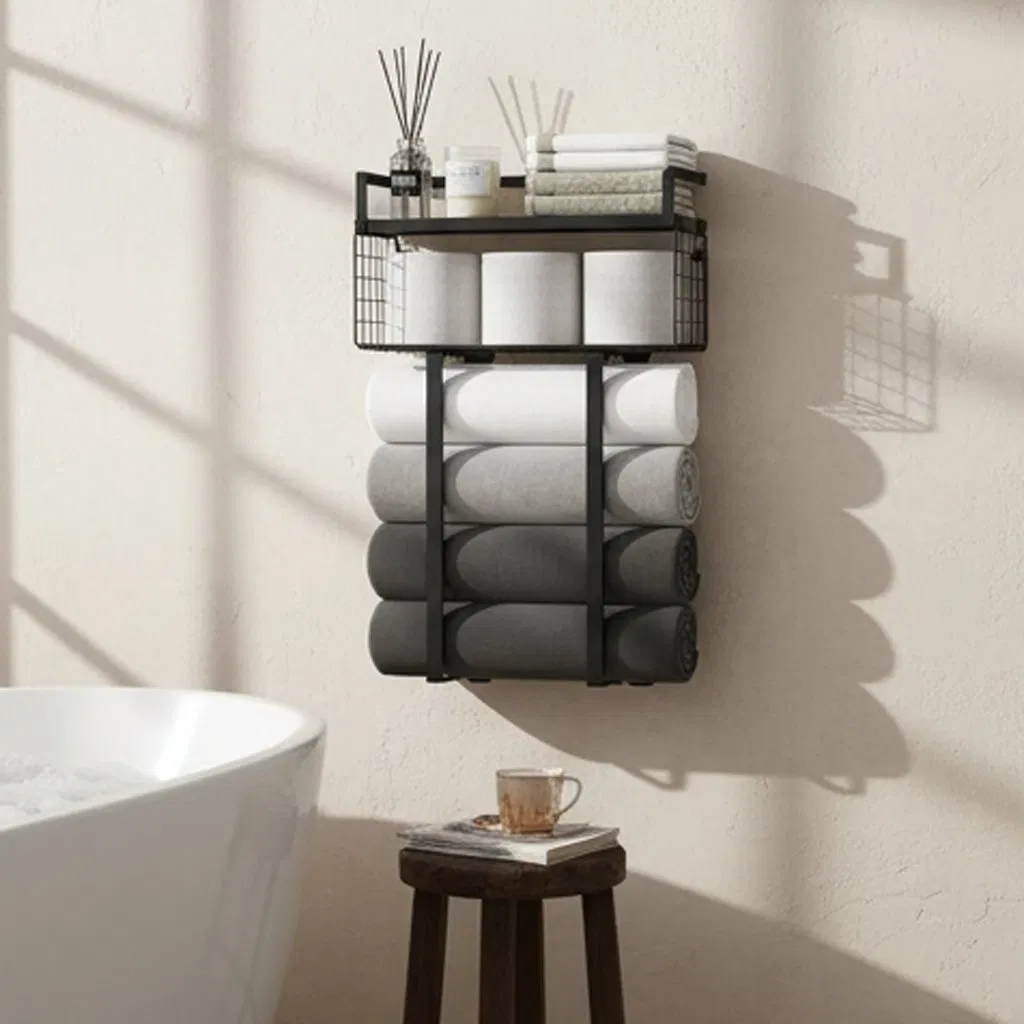 Carbon Metal Towel Racks for Bathroom with Storage Basket