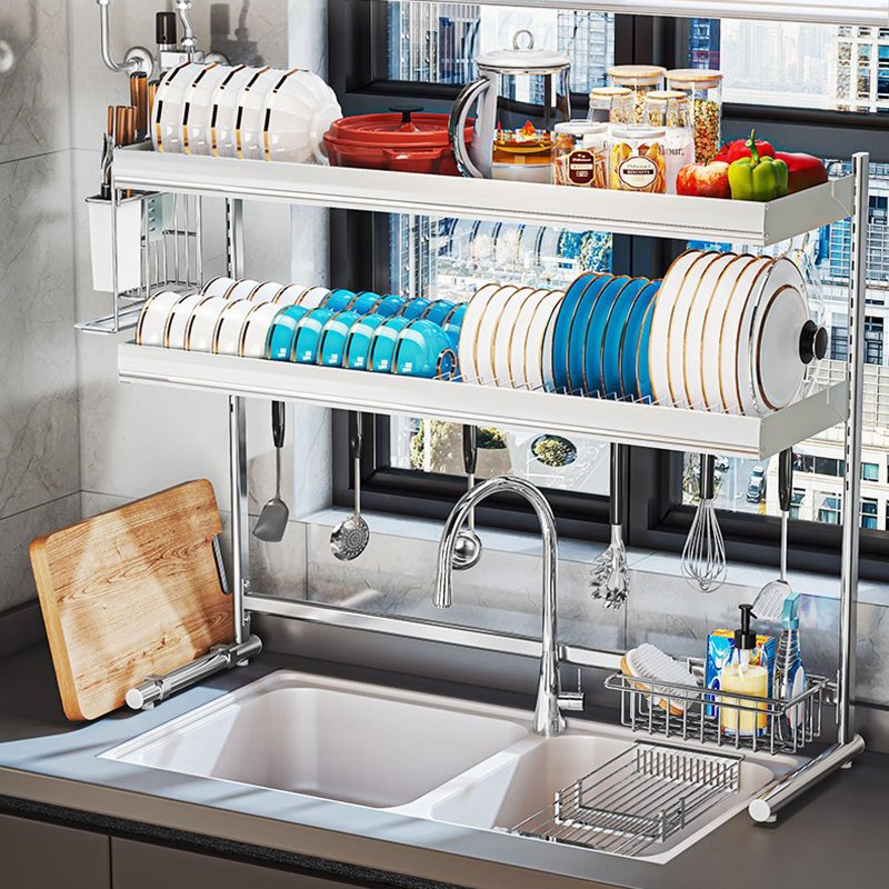 Expandable 201 Stainless Steel Dish Drying Organizer Over-Sink Spice Shelf Efficient Kitchen Storage Organization Rack