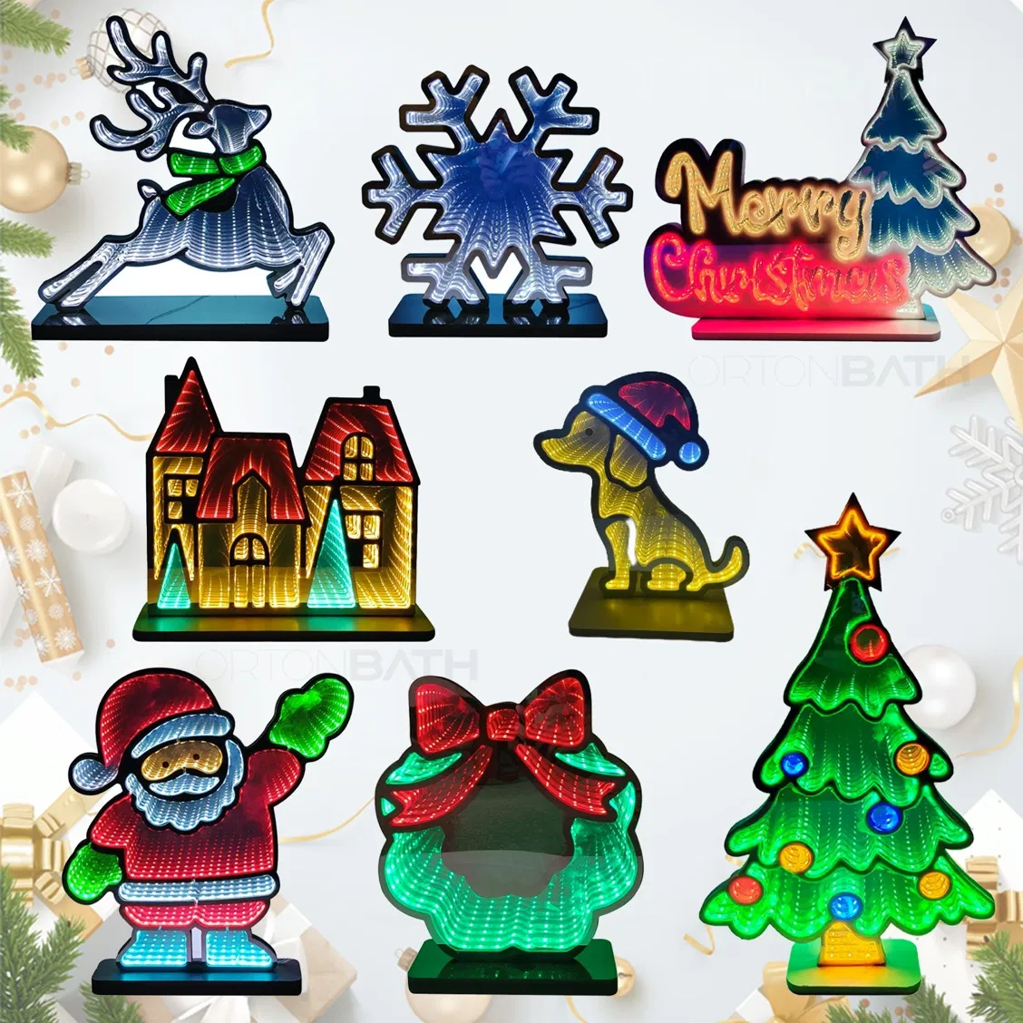 Ortonbath Infinity Mirror Light USB Powered Santa Claus Christmas Decorations Indoor, Christmas Tree Santa Infinity Mirror Tunnel Light Mirror