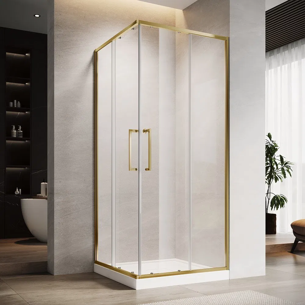 Luxury Satin Gold Aluminium Frame 6mm Tempered Glass Double Sliding Square Shower Room