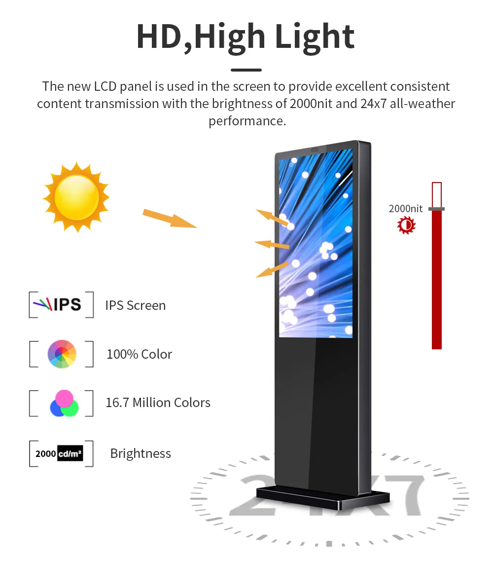 43 55 65 75 86 Inch Floor Standing Outdoor 2000nits Waterproof Media Advertising Poster LCD Video Player Digital Signage with Android Touch Panel