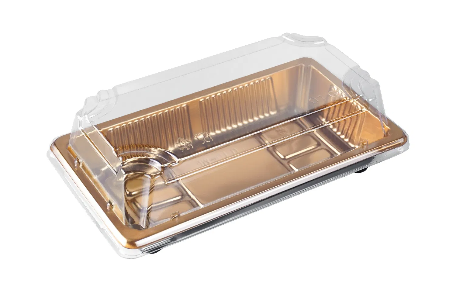 Disposable Food Grade Plastic Pet Takeaway Container Sushi Packaging Tray with Lid Gold Rectangular