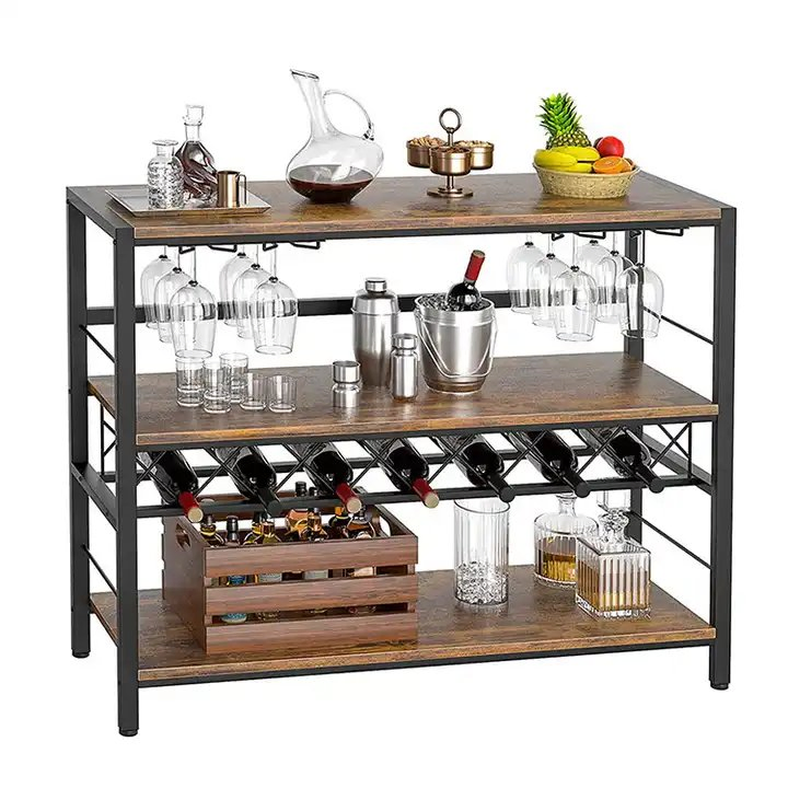 Multi-Functional Shelf Stand Type Simple Metal Wooden Iron Wine Kitchen Storage Rack Fruit Rack Display Shelf for Home Decor