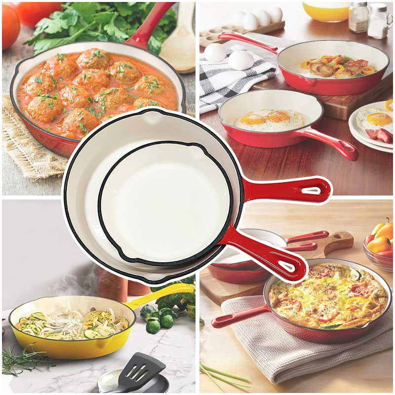 Enamel Cast Iron Fry Pan and Skillet with One Long Handle Non-Stick Cookware Set
