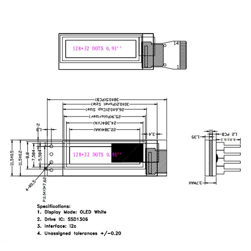 OLED дисплей 0.91 дюйма, 128x32 пикселя, интерфейс I2C