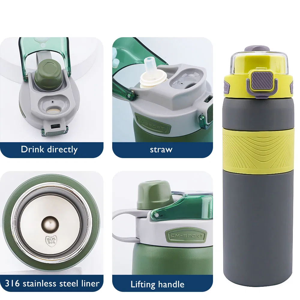 600ml/800ml Stainless Steel Insulated Wide Mouth with Straw Portable Handle Water Bottle